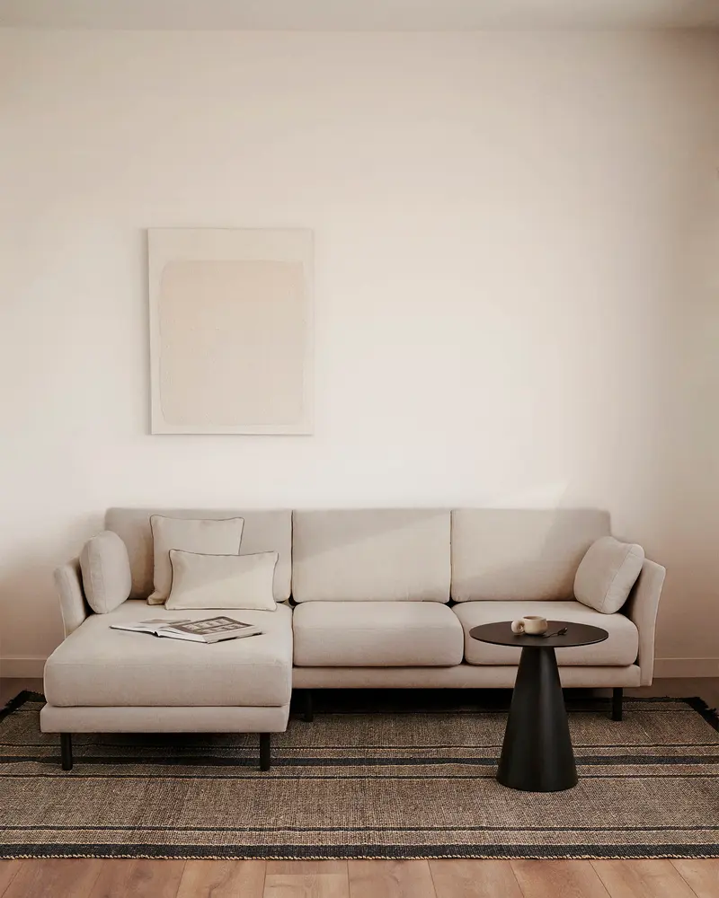 Divano 3 posti Gilma tessuto perla chaise longue destra/sinistra e piedi neri 261 cm
