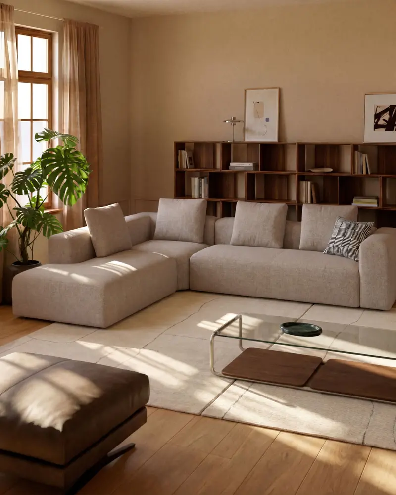 Divano ad angolo Blok 5 posti con terminale destro in ciniglia beige 320 x 255 cm FSC Mix Credit