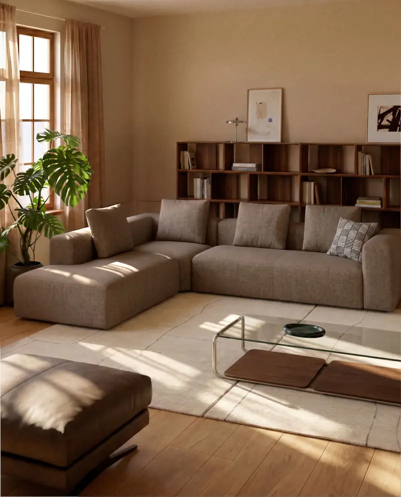 Divano ad angolo Blok 5 posti con terminale destro in ciniglia marrone 320 x 255 cm FSC Mix Credit