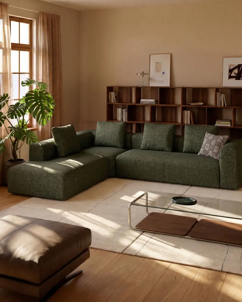 Divano ad angolo Blok 5 posti con terminale destro in ciniglia verde muschio 320 x 255 cm FSC Mix Credit