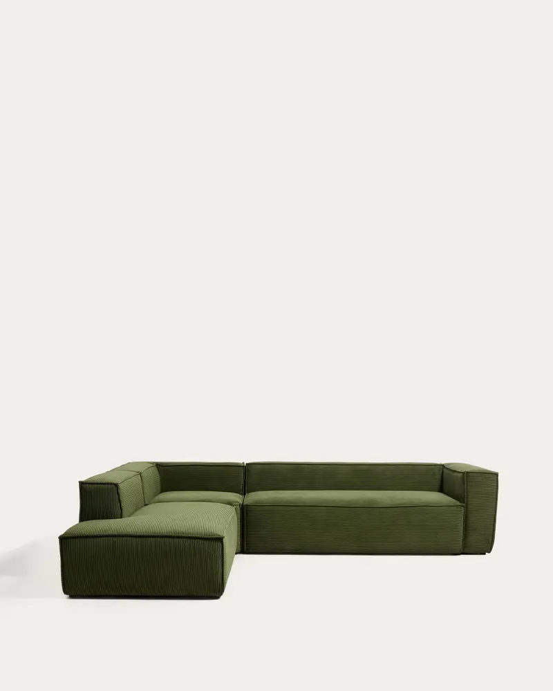 Divano ad angolo Blok 5 posti con terminale sinistro in velluto a coste spesso verde 255 x 320 cm FSC Mix Credit