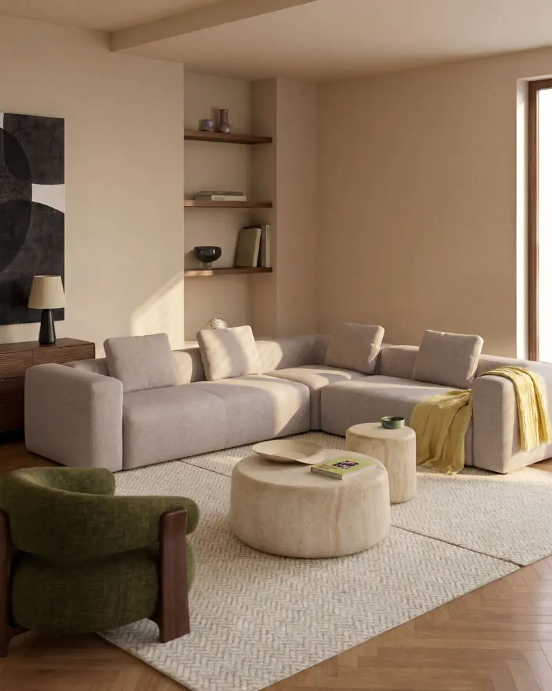 Divano ad angolo Blok 5 posti in ciniglia beige 320 x 320 cm FSC Mix Credit