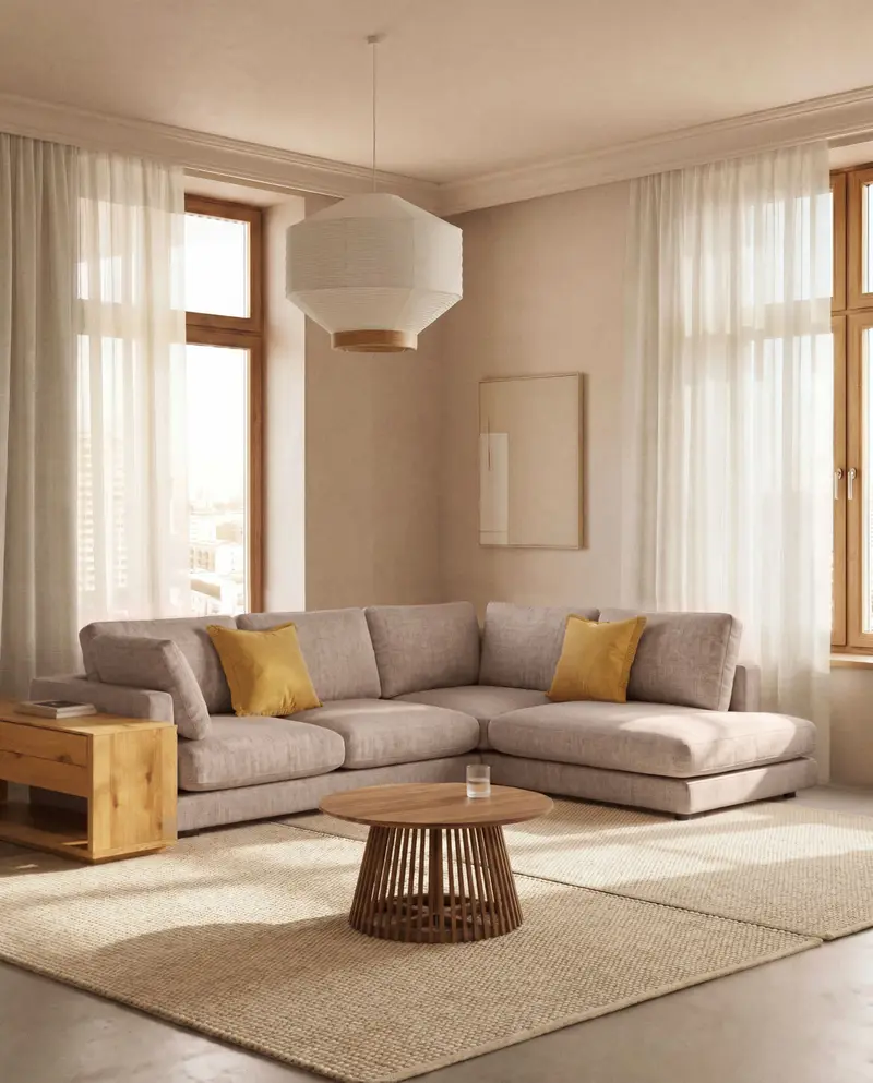 Divano ad angolo Gala 5 posti con estremità destra, in micro bouclé beige FSC Mix Credit, 300 x 225 cm