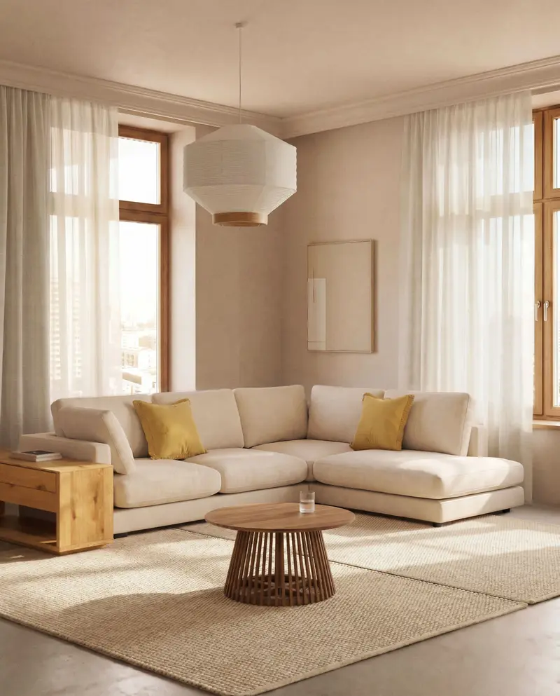 Divano ad angolo Gala 5 posti con estremità sinistra, in ciniglia beige FSC Mix Credit, 225 x 300 cm