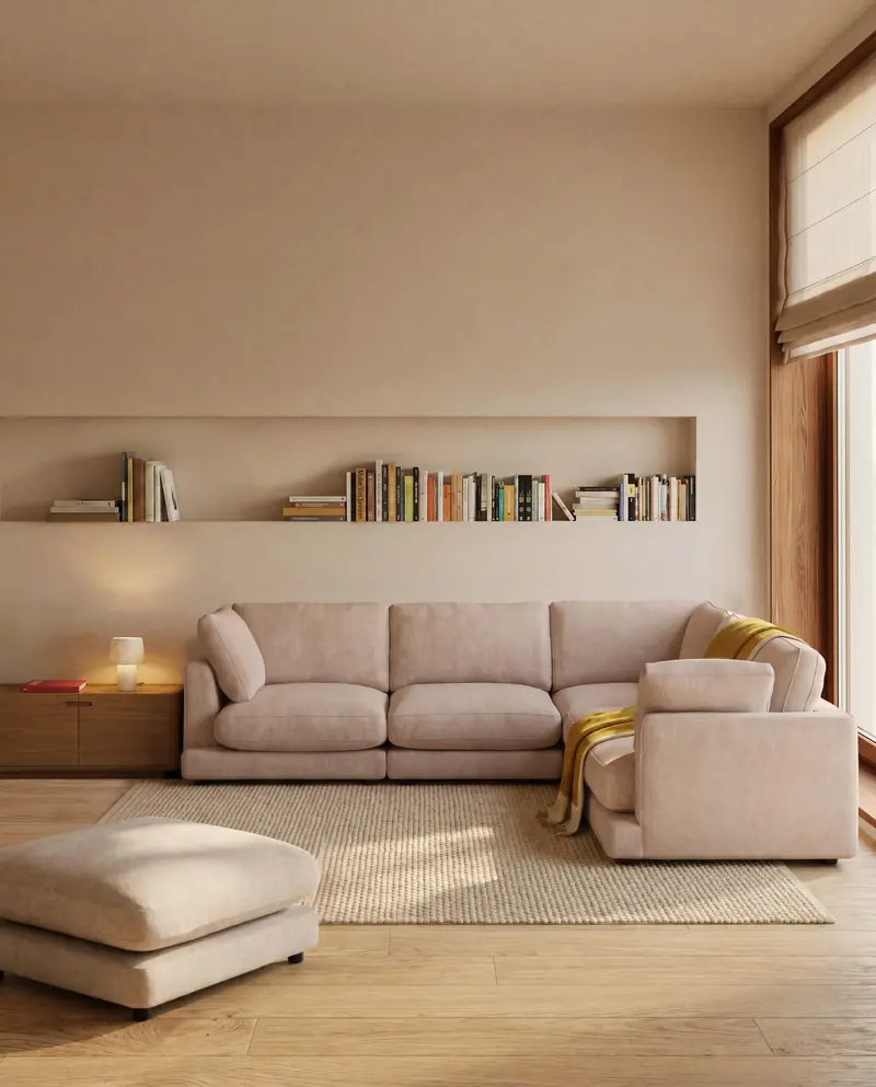 Divano ad angolo Gala 6 posti in micro bouclé beige FSC Mix Credit, 300 x 300 cm