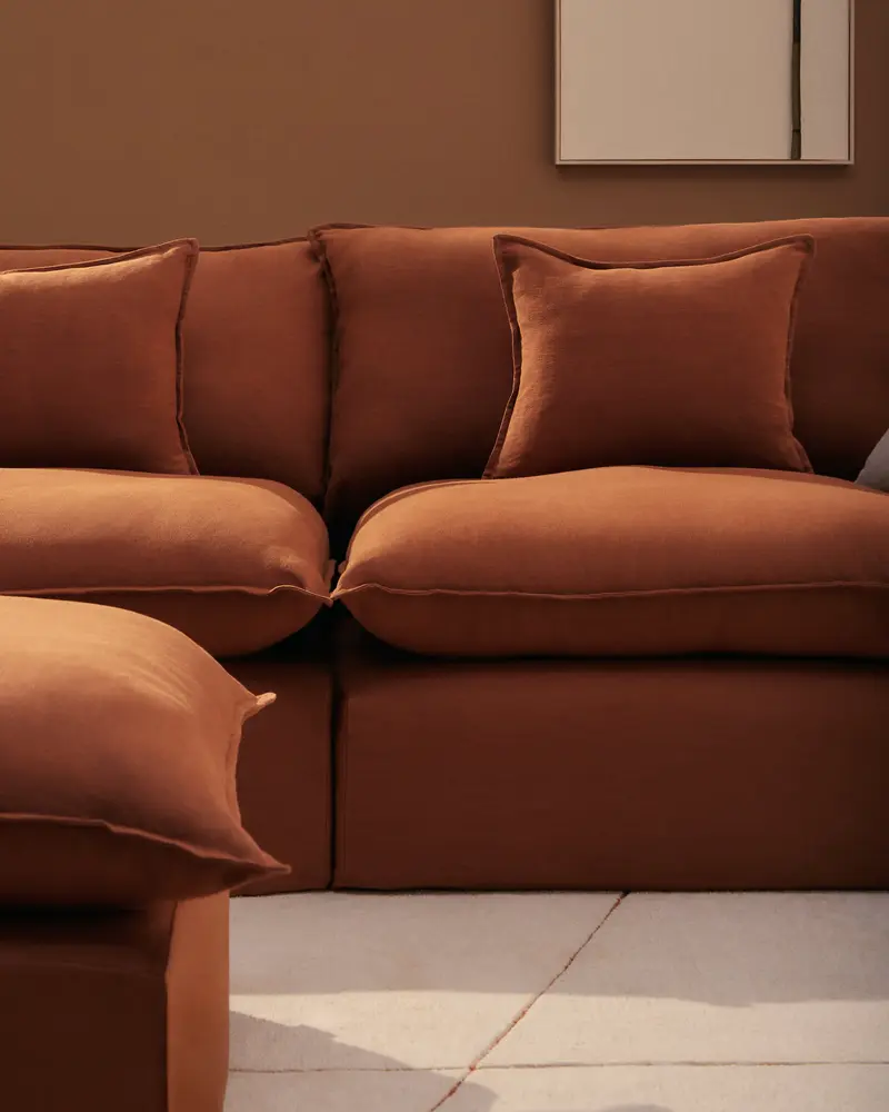 Divano angolare modulare sfoderabile Anarela 4 posti in 100% lino terracotta 307 x 287 cm FSC Mix Credit