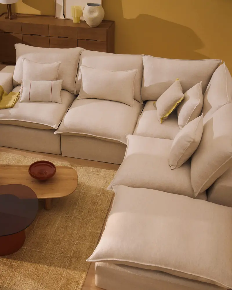 Divano angolare modulare sfoderabile Anarela 4 posti in lino e viscosa beige 307 x 287 cm FSC Mix Credit