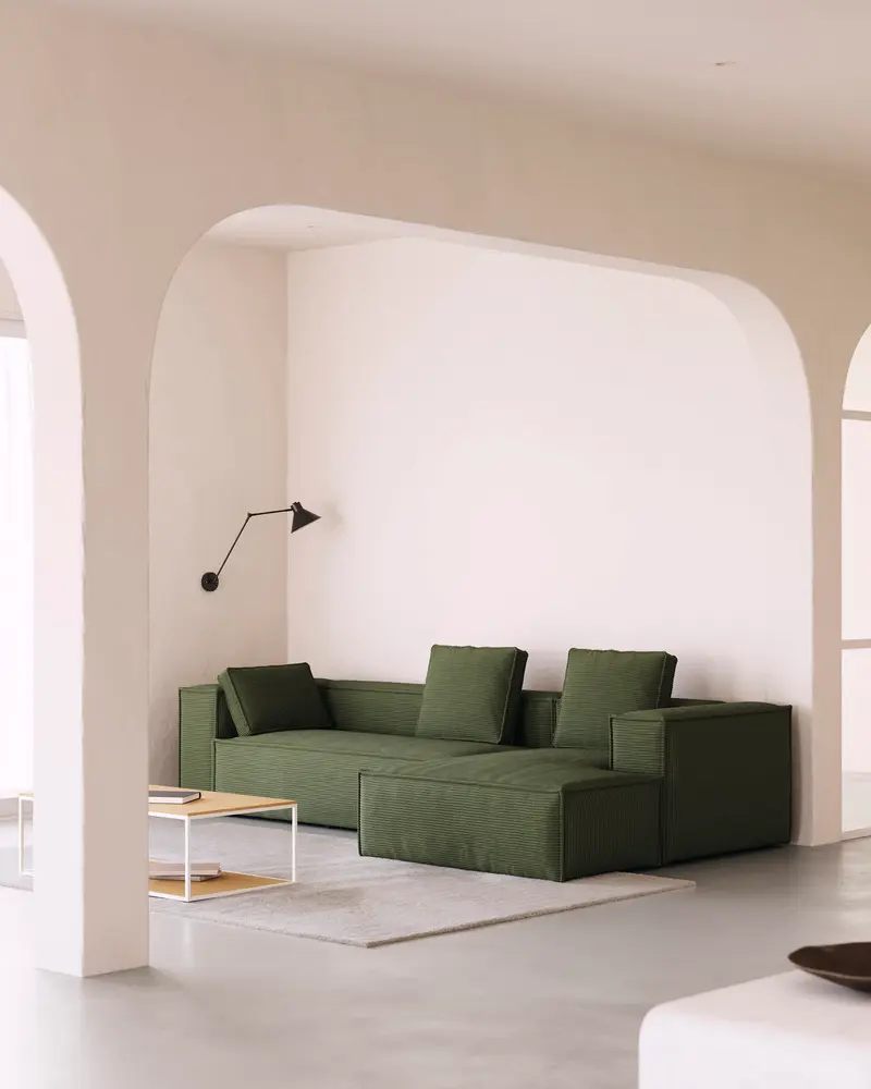 Divano Blok 3 posti chaise longue destra in velluto a coste spesse verde 300 cm