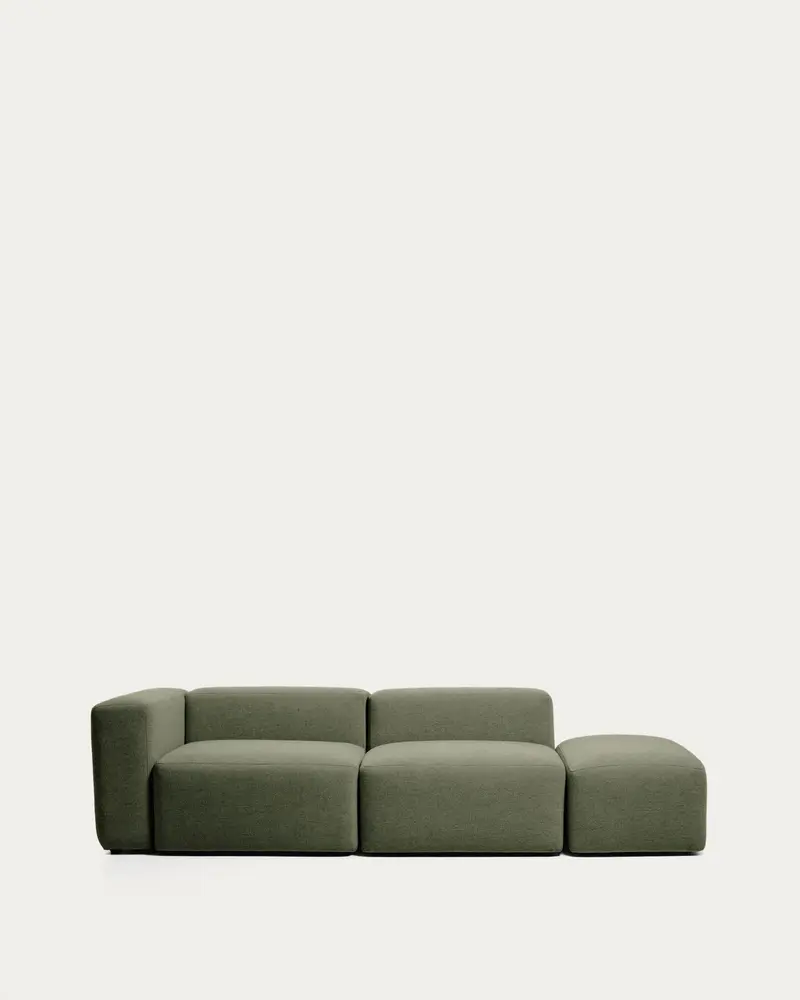 Divano Blok 3 posti con bracciolo sinistro e pouf terminale in ciniglia verde muschio 270 cm FSC Mix Credit