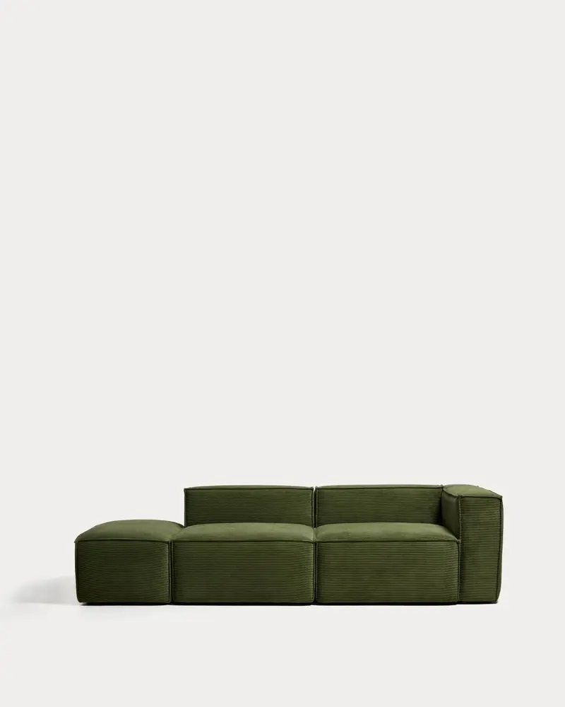 Divano Blok 3 posti con bracciolo sinistro e pouf terminale in velluto a coste spesso verde 270 cm FSC Mix Credit
