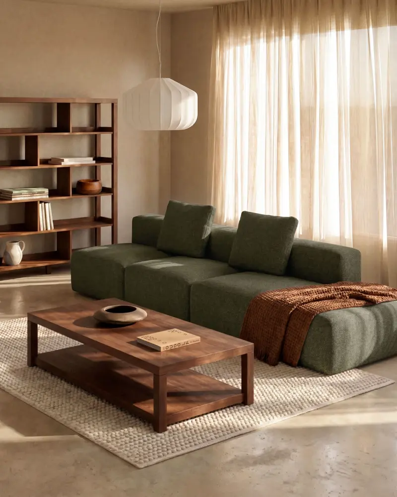 Divano Blok 3 posti con terminale sinistro in ciniglia verde muschio 325 cm FSC Mix Credit