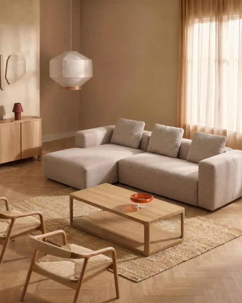 Divano Blok 3 posti in ciniglia beige con chaise longue destra 300 cm FSC Mix Credit