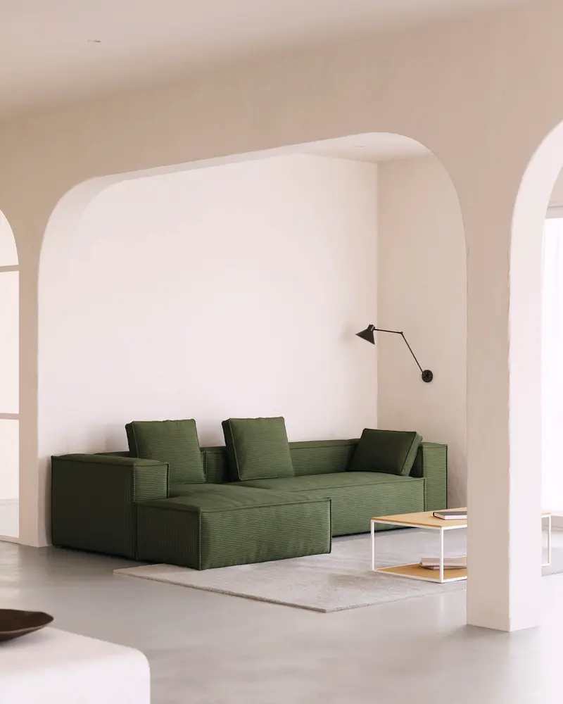 Divano Blok 4 posti chaise longue sinistra in velluto a coste spesse verde 330 cm