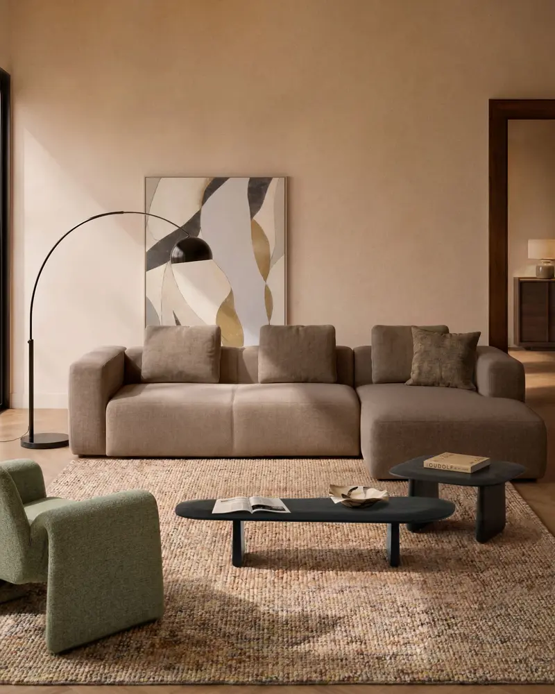Divano Blok 4 posti in ciniglia marrone con chaise longue destra 330 cm FSC Mix Credit