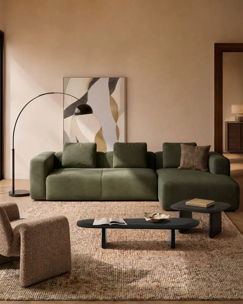 Divano Blok 4 posti in ciniglia verde muschio con chaise longue destra 330 cm FSC Mix Credit