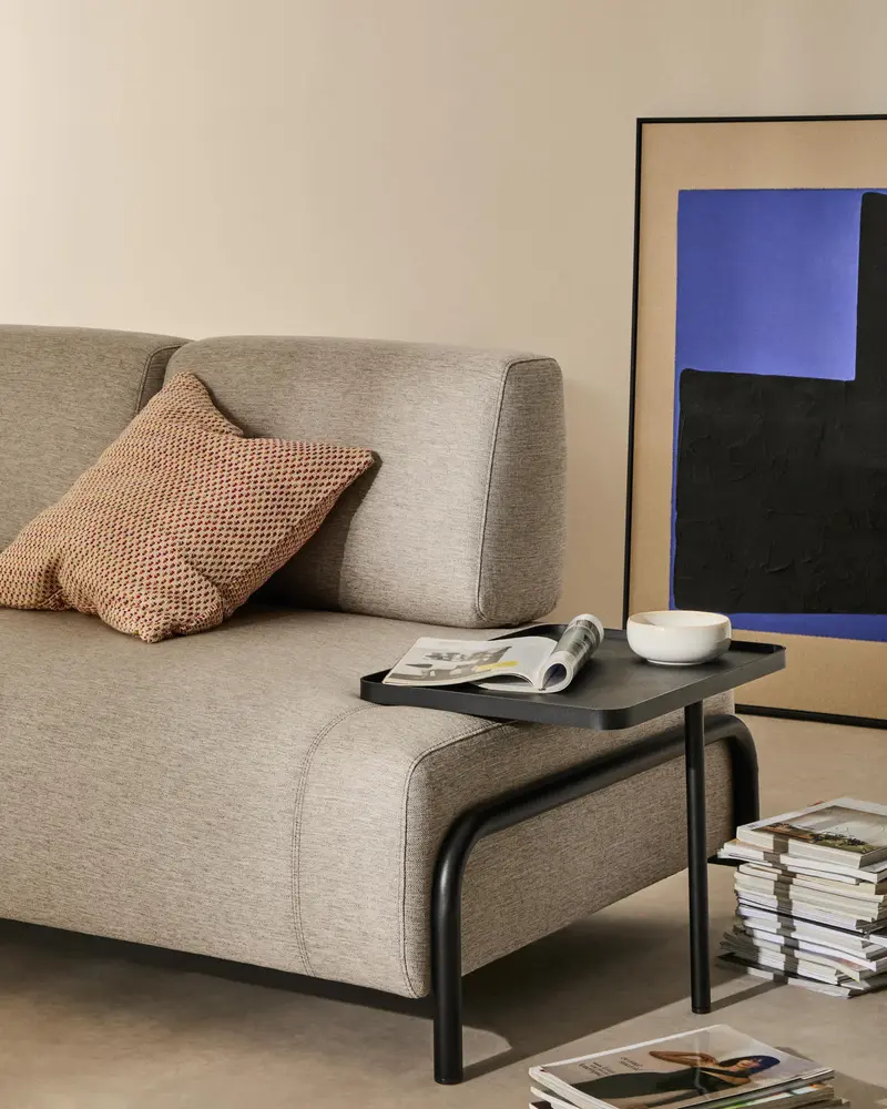 Divano Compo 2 posti beige grigiastro con vassoio grande e struttura in metallo nero 200 cm