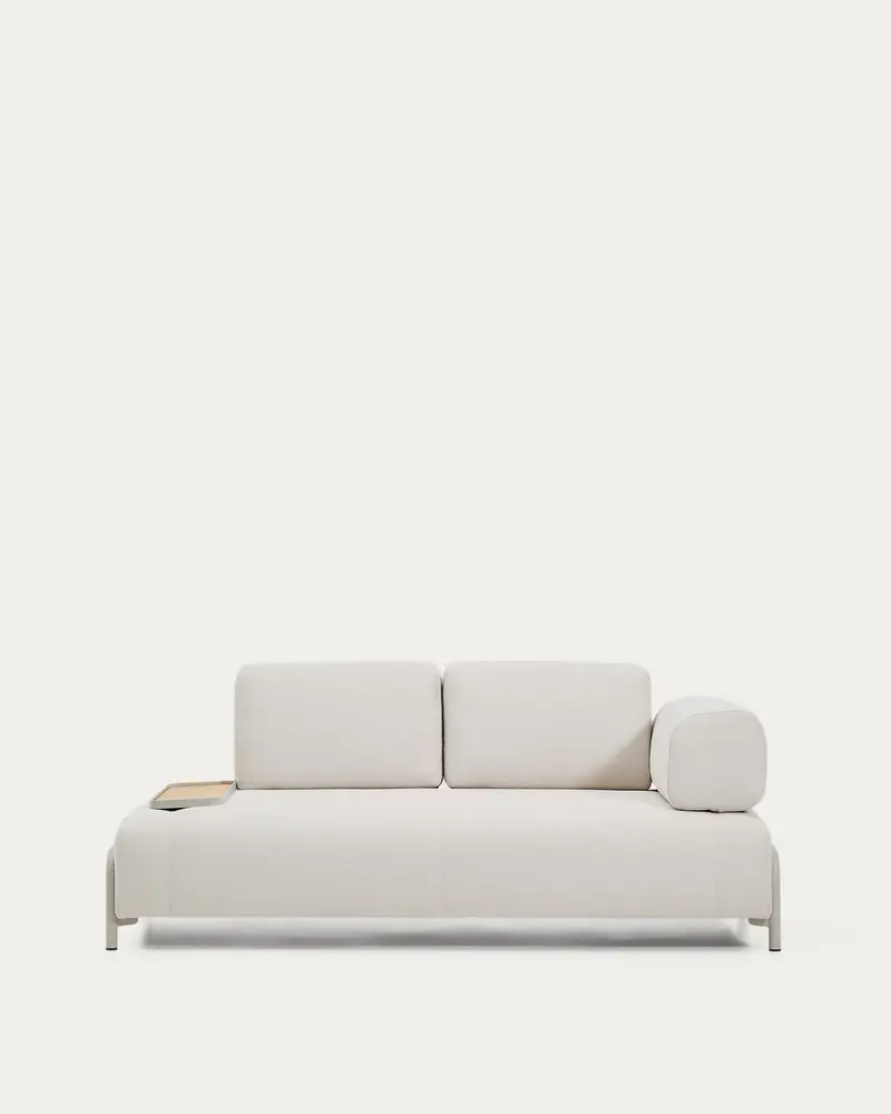 Divano Compo 2 posti in ciniglia écru, vassoio piccolo con impiallacciatura in rovere e struttura in metallo beige 200 cm