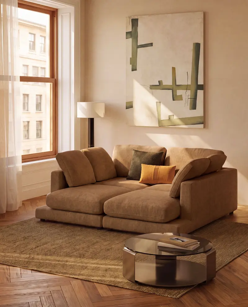 Divano Gala 3 posti in micro bouclé con chaise longue doppia color senape FSC Mix Credit, 210 cm