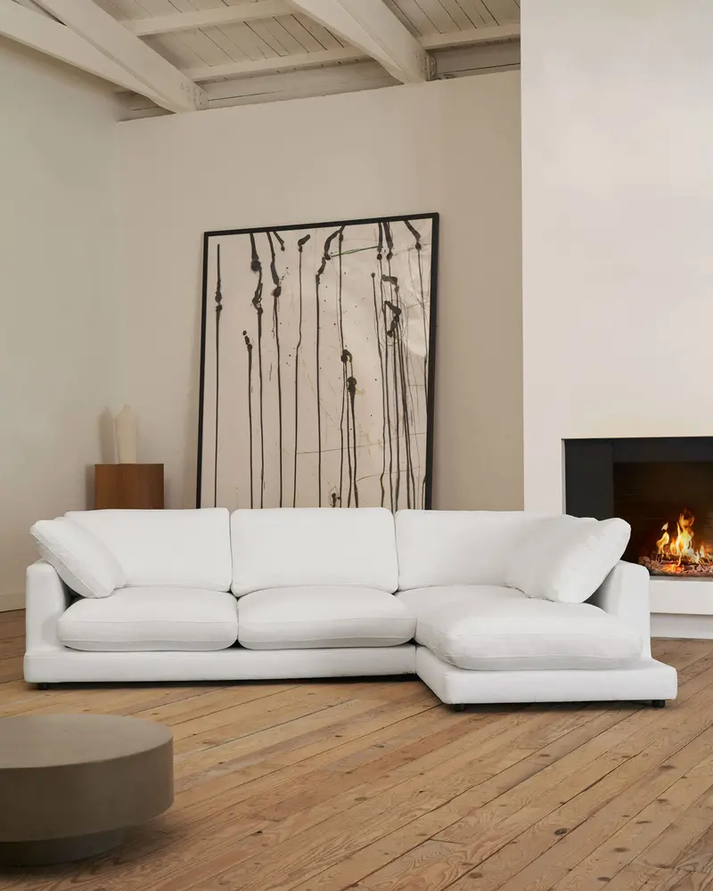 Divano Gala 4 posti in ciniglia bianco con chaise longue destra FSC Mix Credit 300 cm