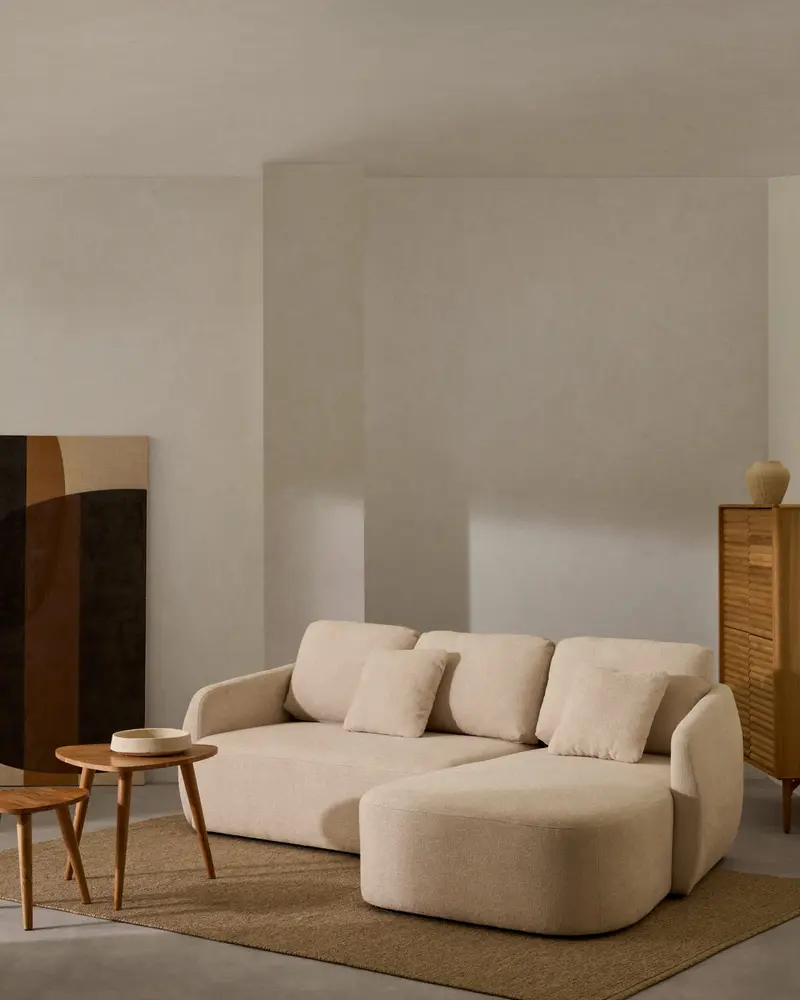 Divano letto Laira a 3 posti in ciniglia con chaise longue destra écru 246 cm