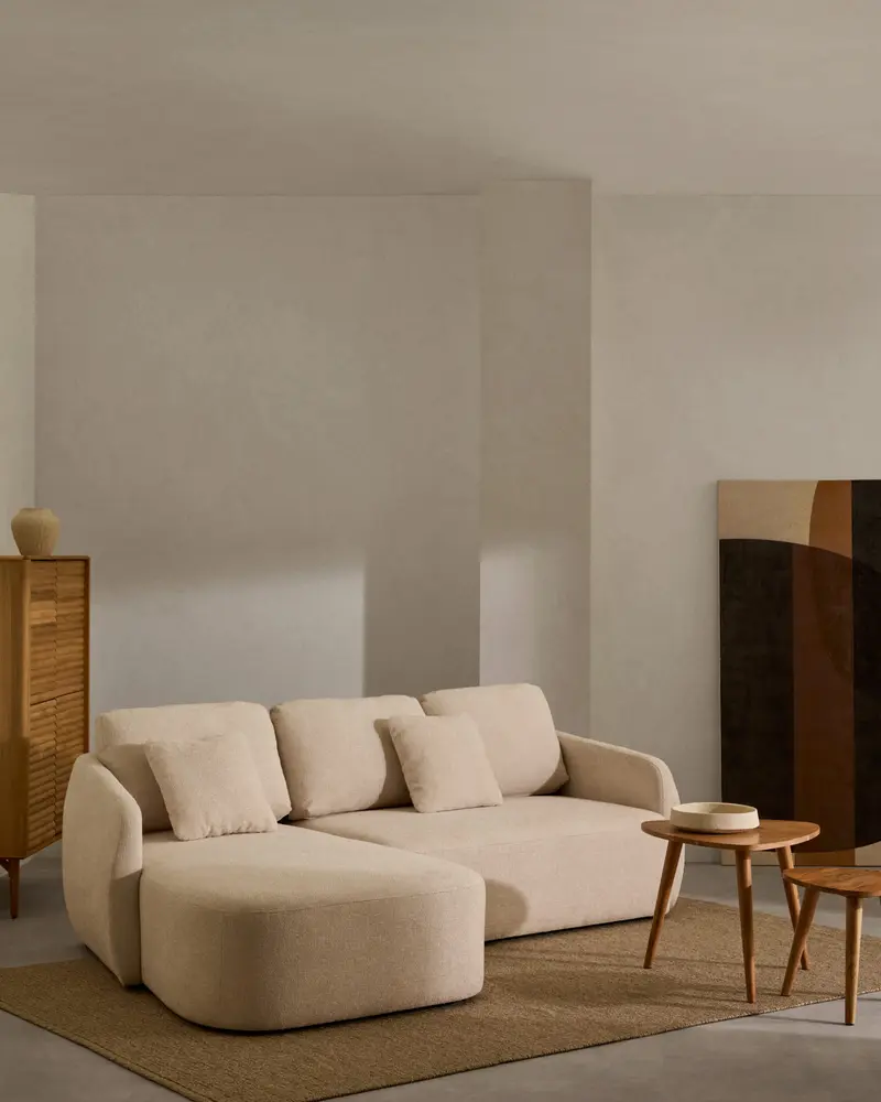 Divano letto Laira a 3 posti in ciniglia con chaise longue sinistra écru 246 cm