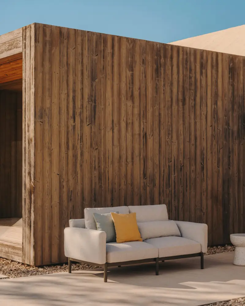 Divano modulare a 2 posti da esterni Sorells con tappezzeria beige e alluminio verde 171 cm