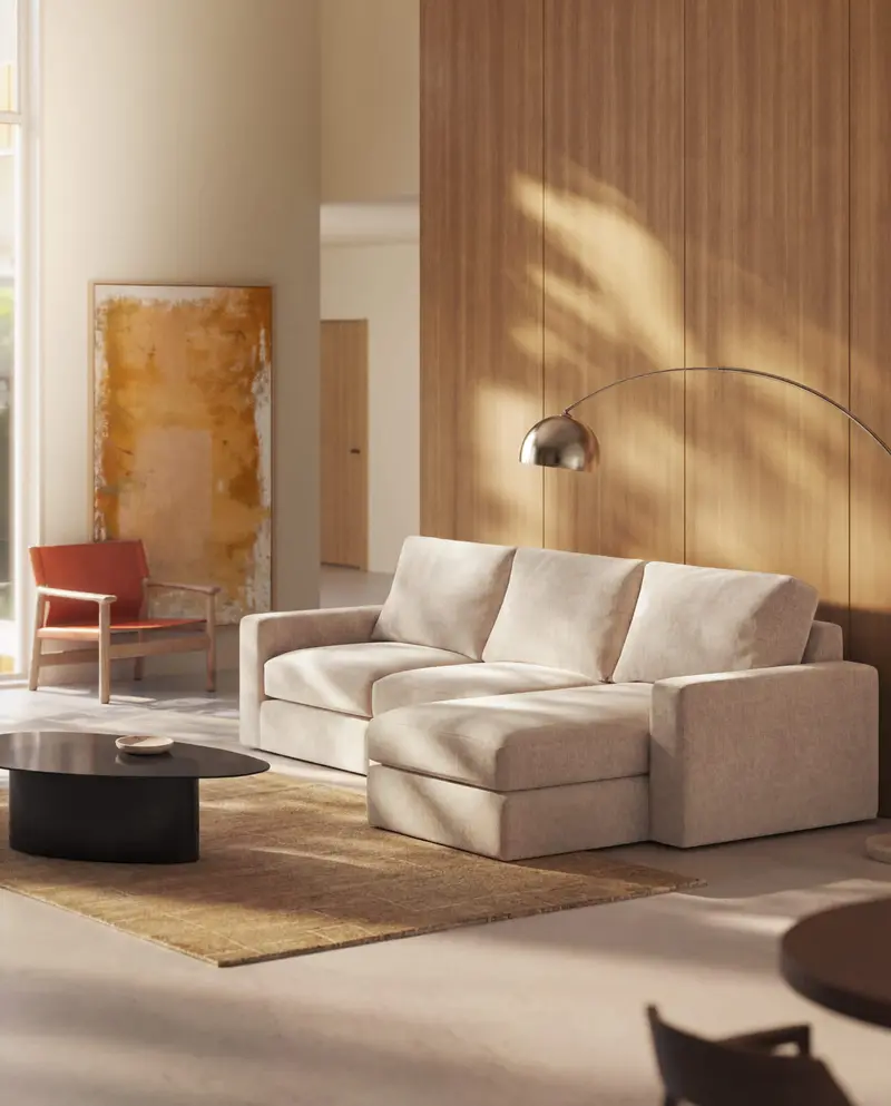 Divano modulare Alea 4 posti sfoderabile in ciniglia chaise longue destra beige 310 cm