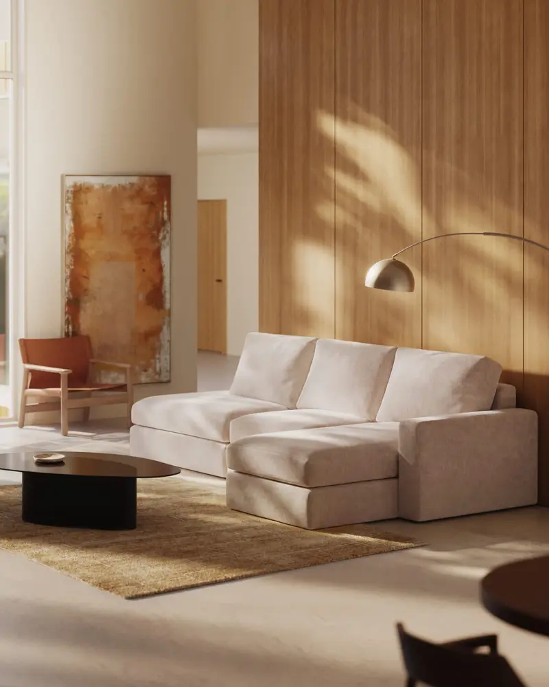 Divano modulare Alea 5 posti sfoderabile in ciniglia chaise longue destra beige 340 cm