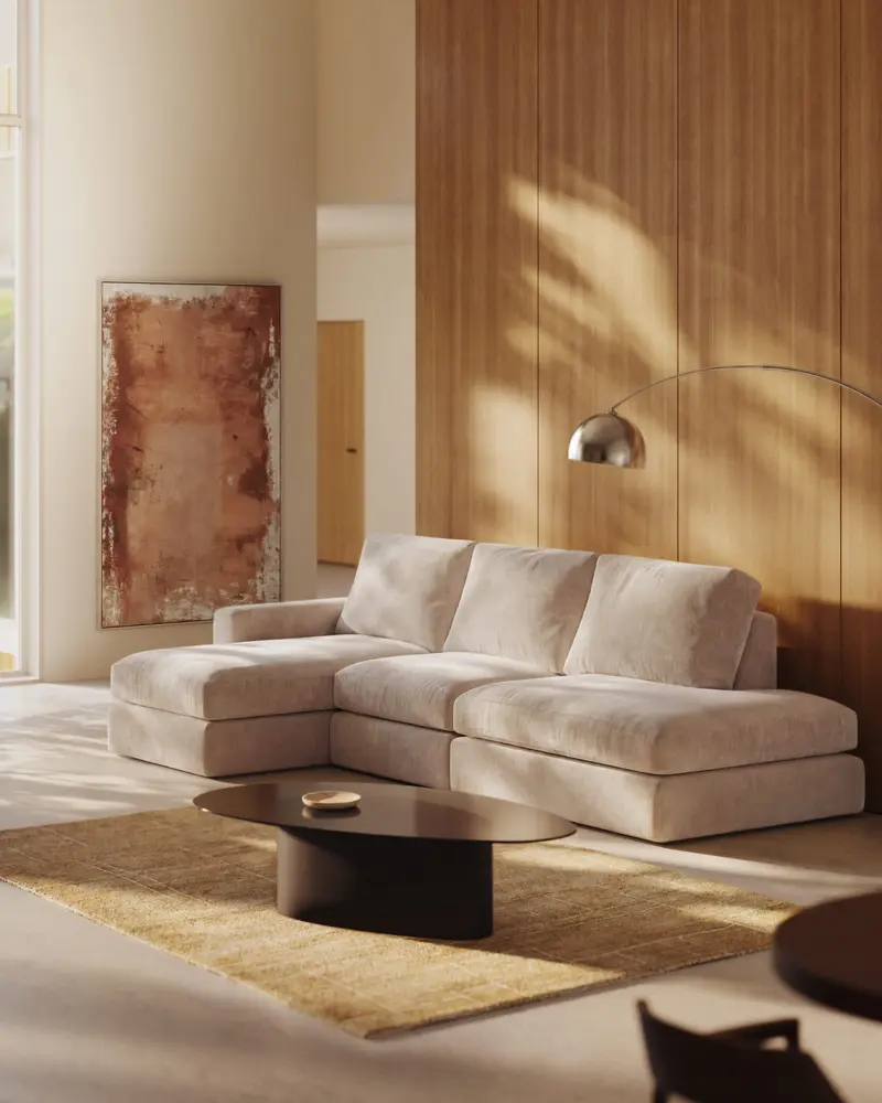 Divano modulare Alea 5 posti sfoderabile in ciniglia chaise longue sinistra beige 340 cm