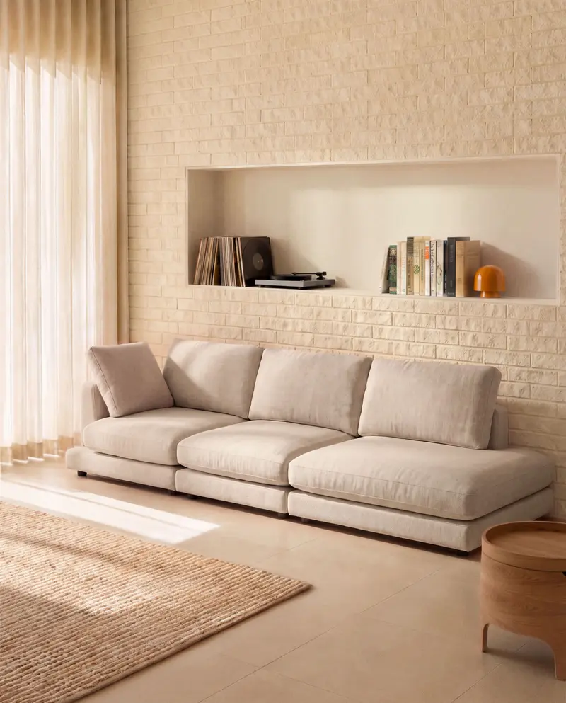Divano modulare Gala 4 posti con modulo terminale destro in ciniglia beige FSC Mix Credit 315 cm