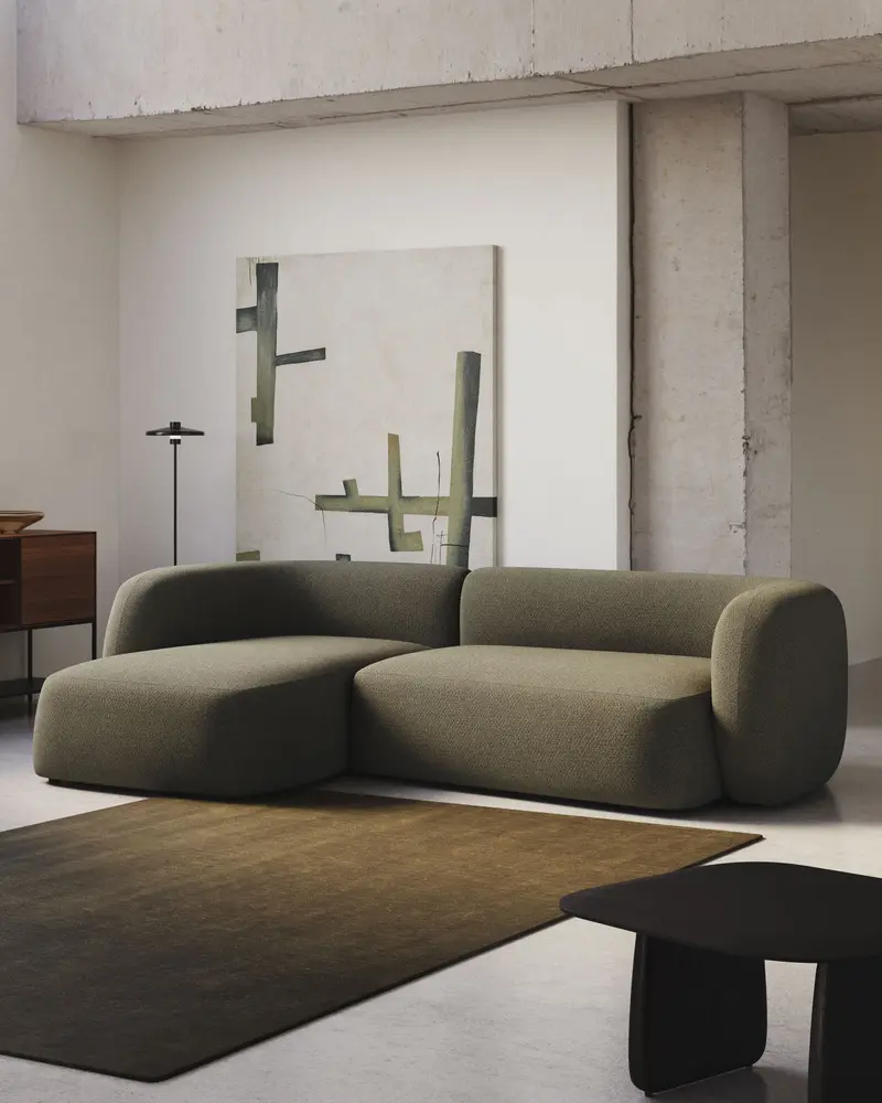 Divano modulare Martina 3 posti in ciniglia verde con chaise longue sinistra 287 cm