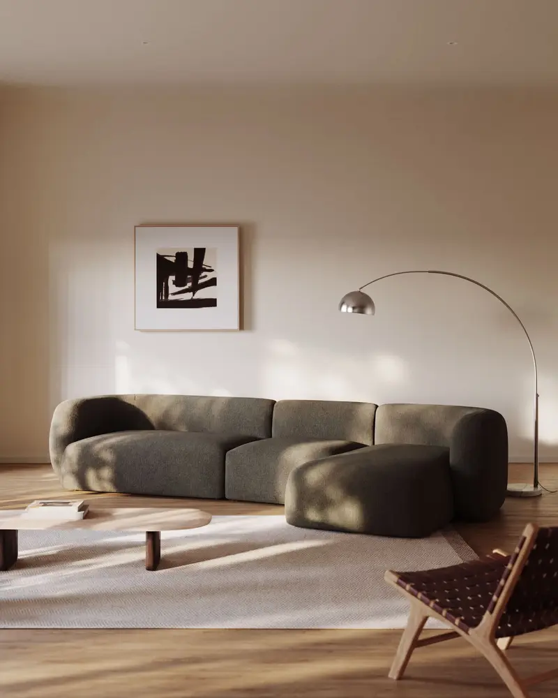 Divano modulare Martina 4 posti in ciniglia con chaise longue destra verde 377 cm