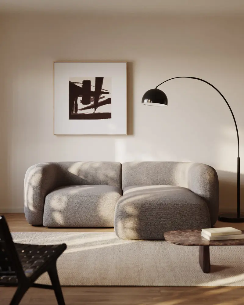 Divano modulare Martina a 2 posti in ciniglia con chaise longue destra color pietra 230 cm