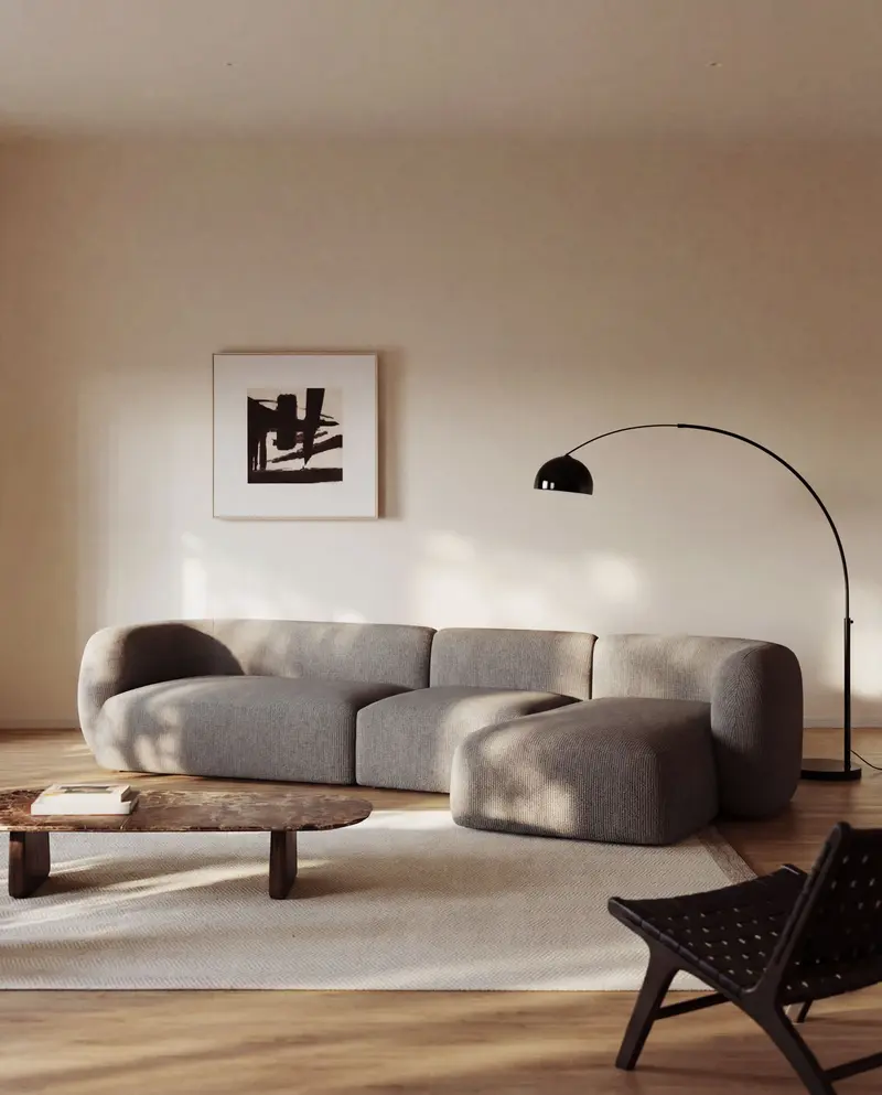 Divano modulare Martina a 4 posti in ciniglia con chaise longue destra color pietra 377 cm