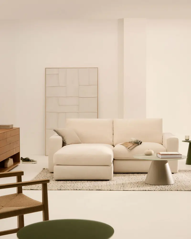 Divano modulare sfoderabile Alea 3 posti in ciniglia chaise longue sinistra écru 220 cm