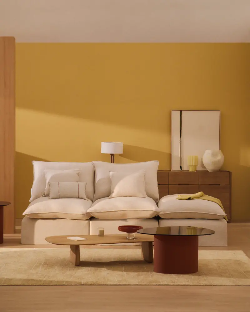 Divano modulare sfoderabile Anarela 3 posti con terminale in lino e viscosa beige 310 cm FSC Mix Credit