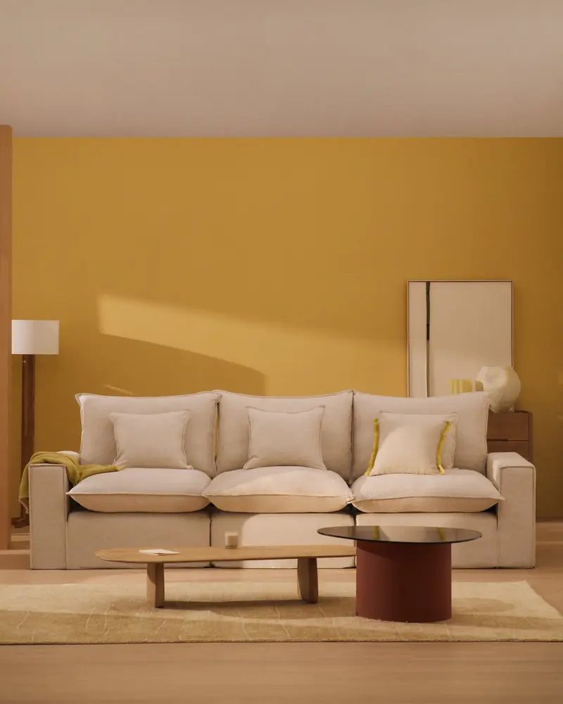 Divano modulare sfoderabile Anarela 3 posti in lino e viscosa beige 310 cm FSC Mix Credit