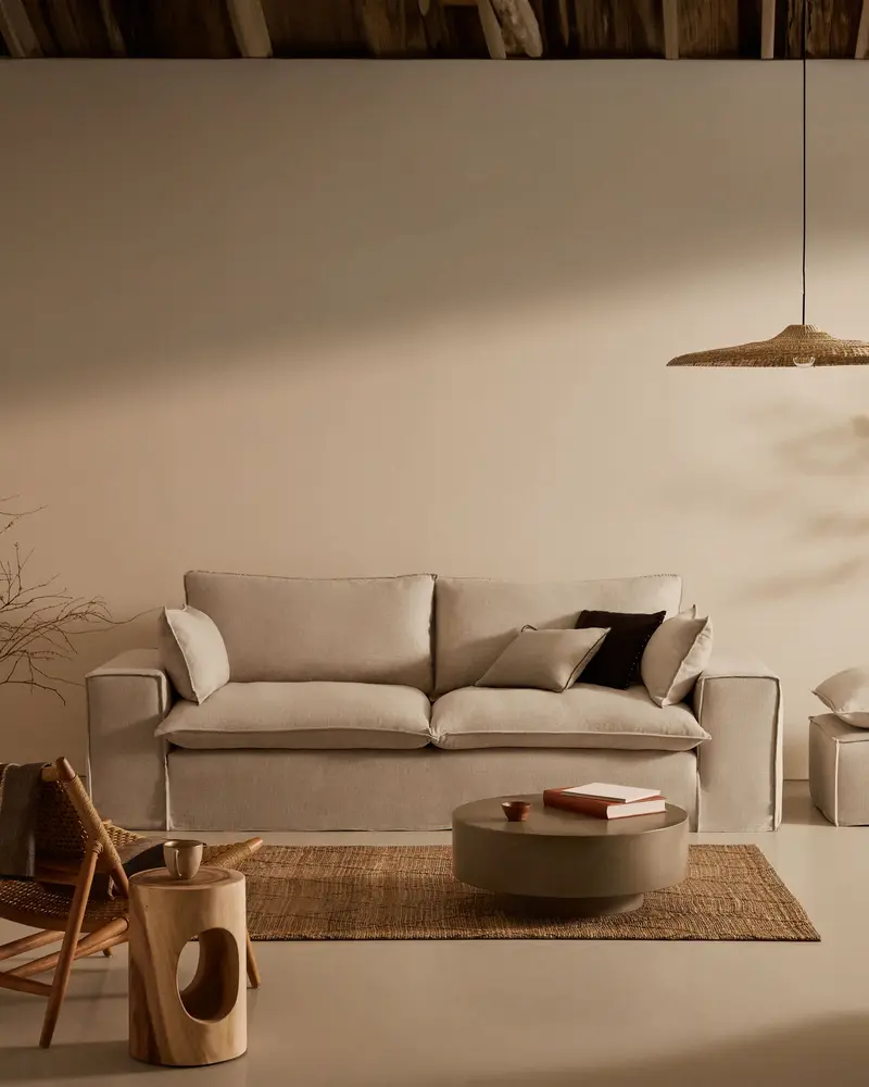 Divano sfoderabile Anarela 3 posti con cuscini di lino beige 280 cm