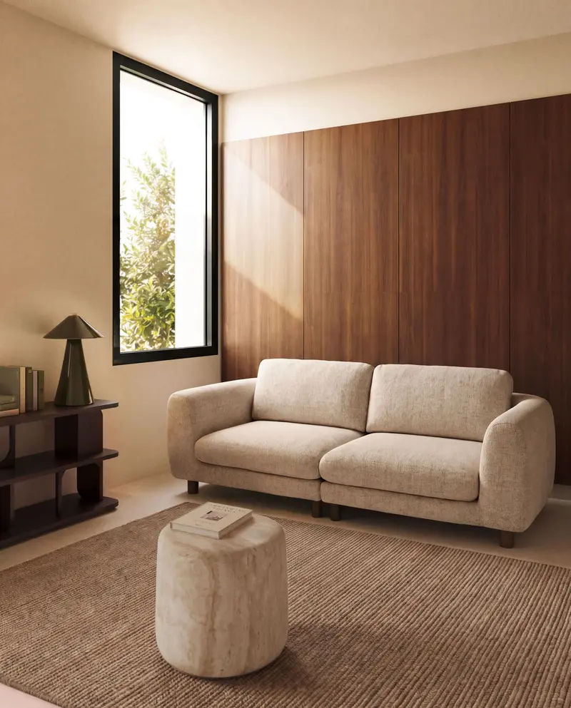 Divano Vera 3 posti beige con gambe in legno massiccio di frassino con finitura in noce 230 cm FSC Mix Credit