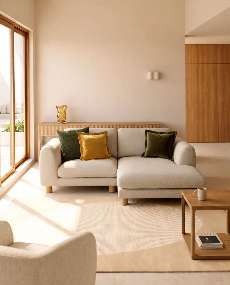 Divano Vera 3 posti con chaise longue destra beige con gambe in legno massiccio di frassino con finitura naturale 232 cm FSC Mix Credit