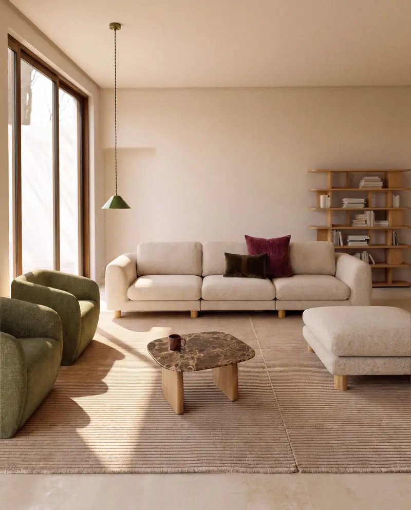 Divano Vera 4 posti beige con gambe in legno massiccio di frassino con finitura naturale 320 cm FSC Mix Credit