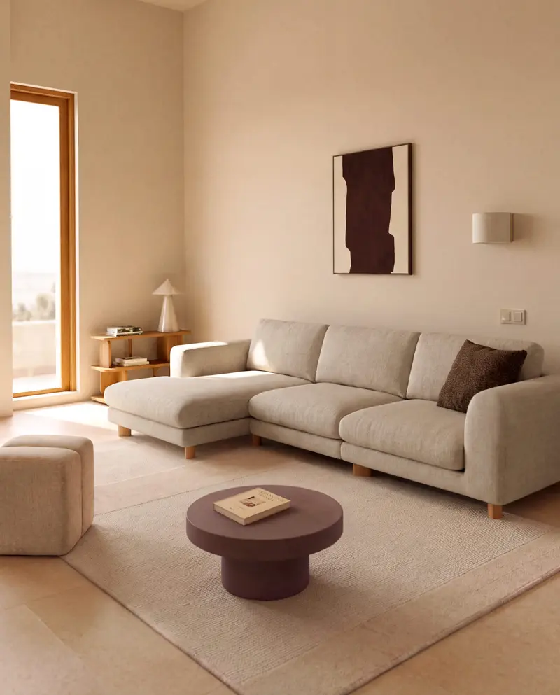Divano Vera 4 posti con chaise longue destra beige con gambe in legno massiccio di frassino con finitura naturale 322 cm FSC Mix Credit
