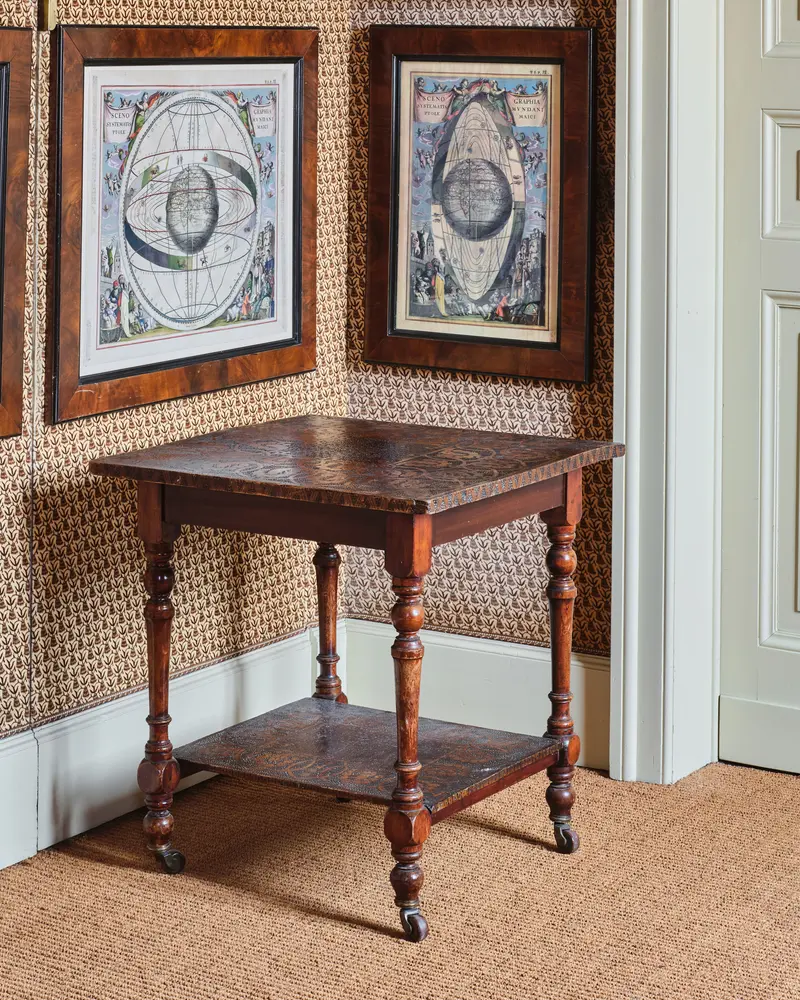 Early 20th-Century Floral Pokerwork Side Table