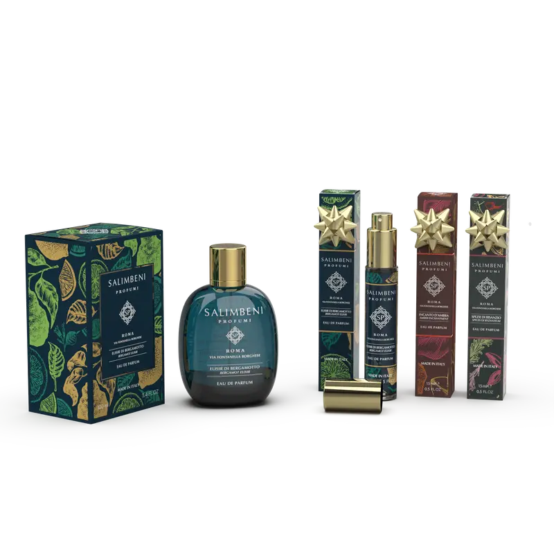 Eau de Parfum de 100 ml de Elixir de Bergamota + Três Eau de Parfum de Viagem (Elixir de Bergamota 15 ml + Encanto de Âmbar 15 ml + Especiarias de Bizâncio 15 ml) em OFERTA