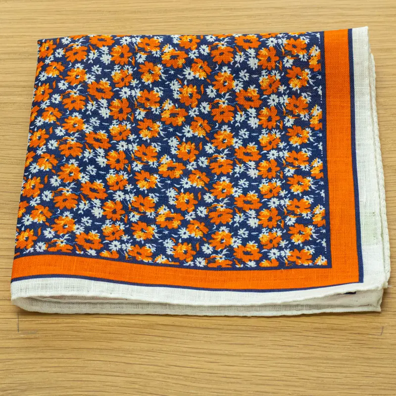 Fazzoletto da taschino puro Lino stampato fiore Arancione Cod 145