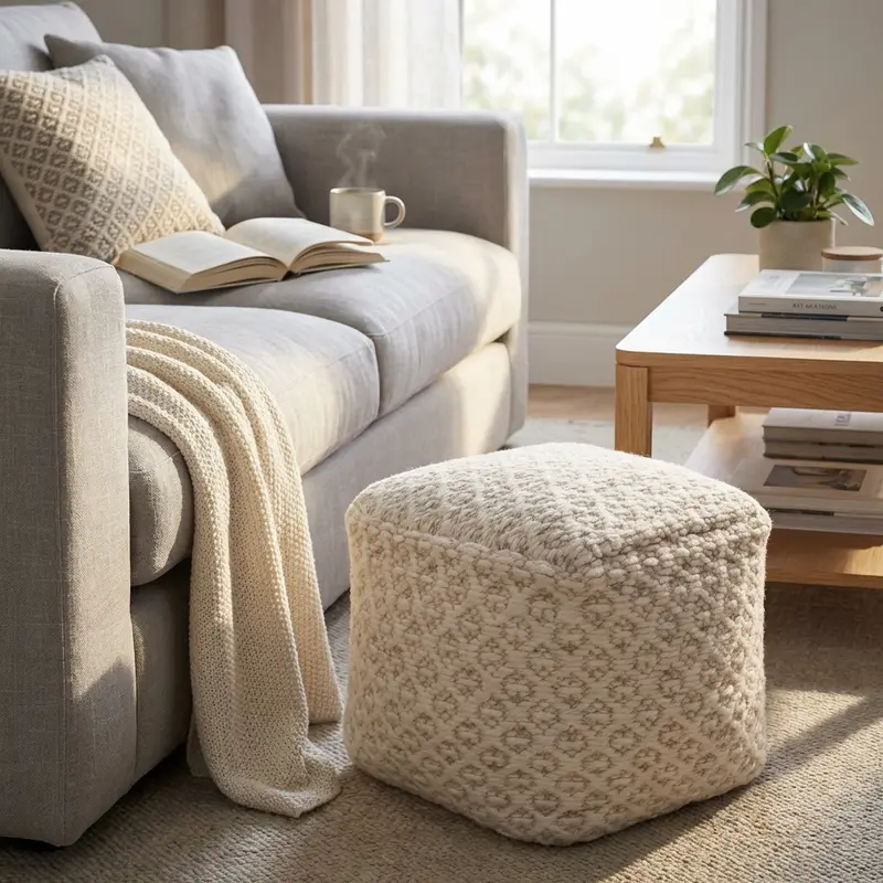 Feleto - pouf in lana e cotone bianco ecrù 40x40