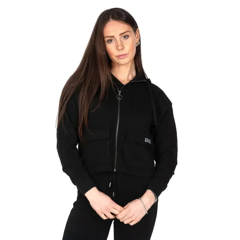 Felpa cropped donna con zip e cappuccio e tasconi cargo in cotone leggero | Grabs