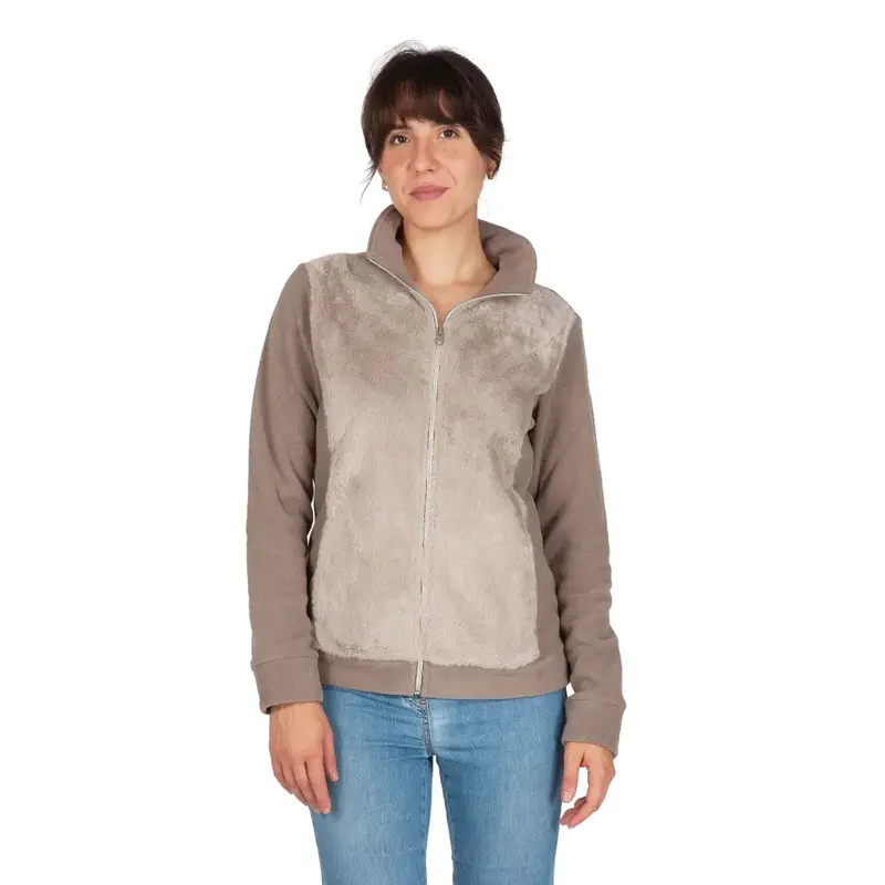 Felpa donna con zip in pile con applicazioni in pelliccia sintetica