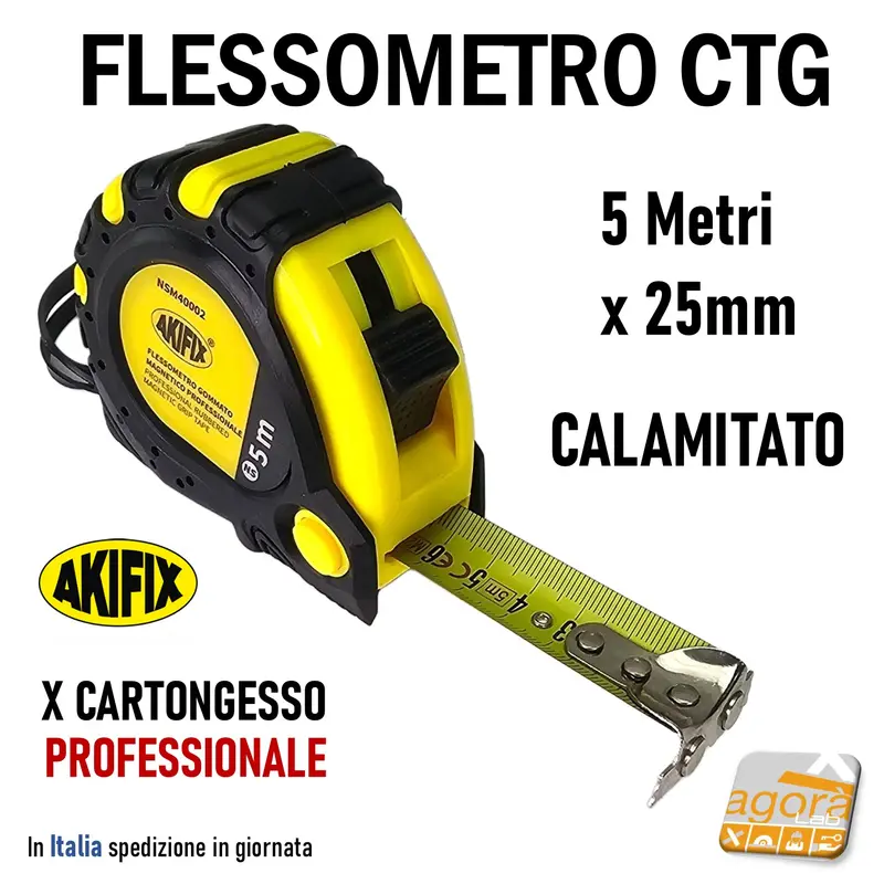 Flessometro 5MT x 25mm AKIFIX professionale Cartongesso Gommato Metro a nastro Calamitato