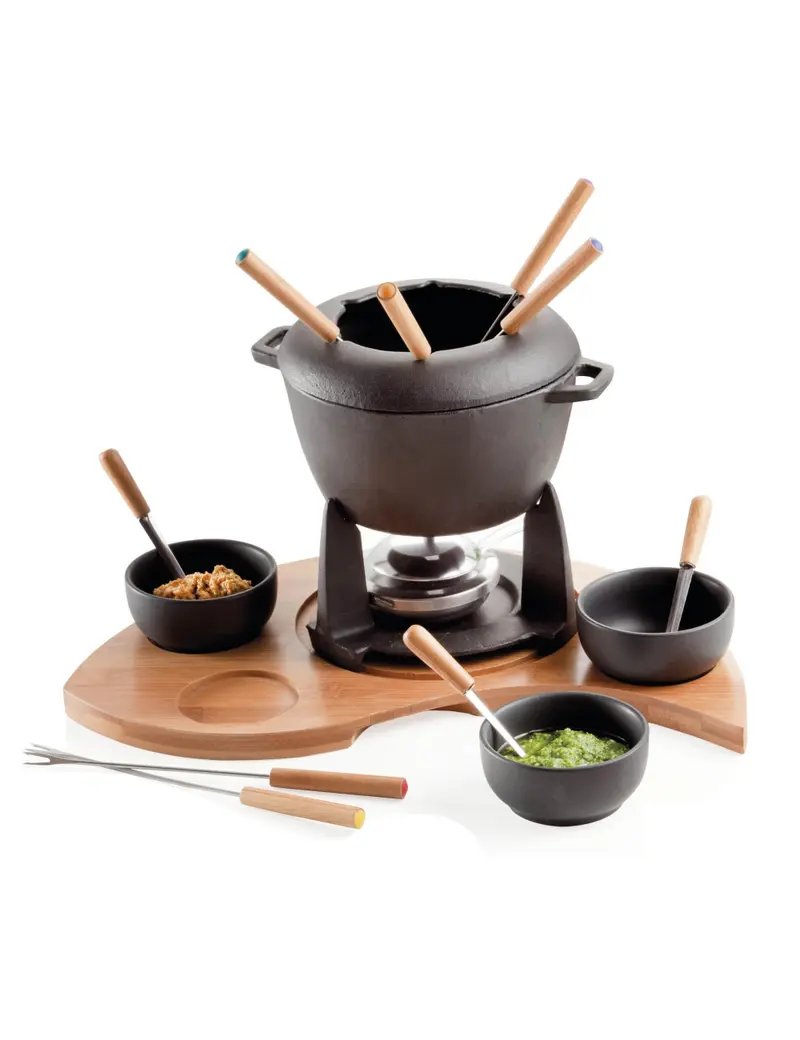 FONDUTA MEZZALUNA C/SUPPORTO SET 17PZ. GHISA/BAMBOO